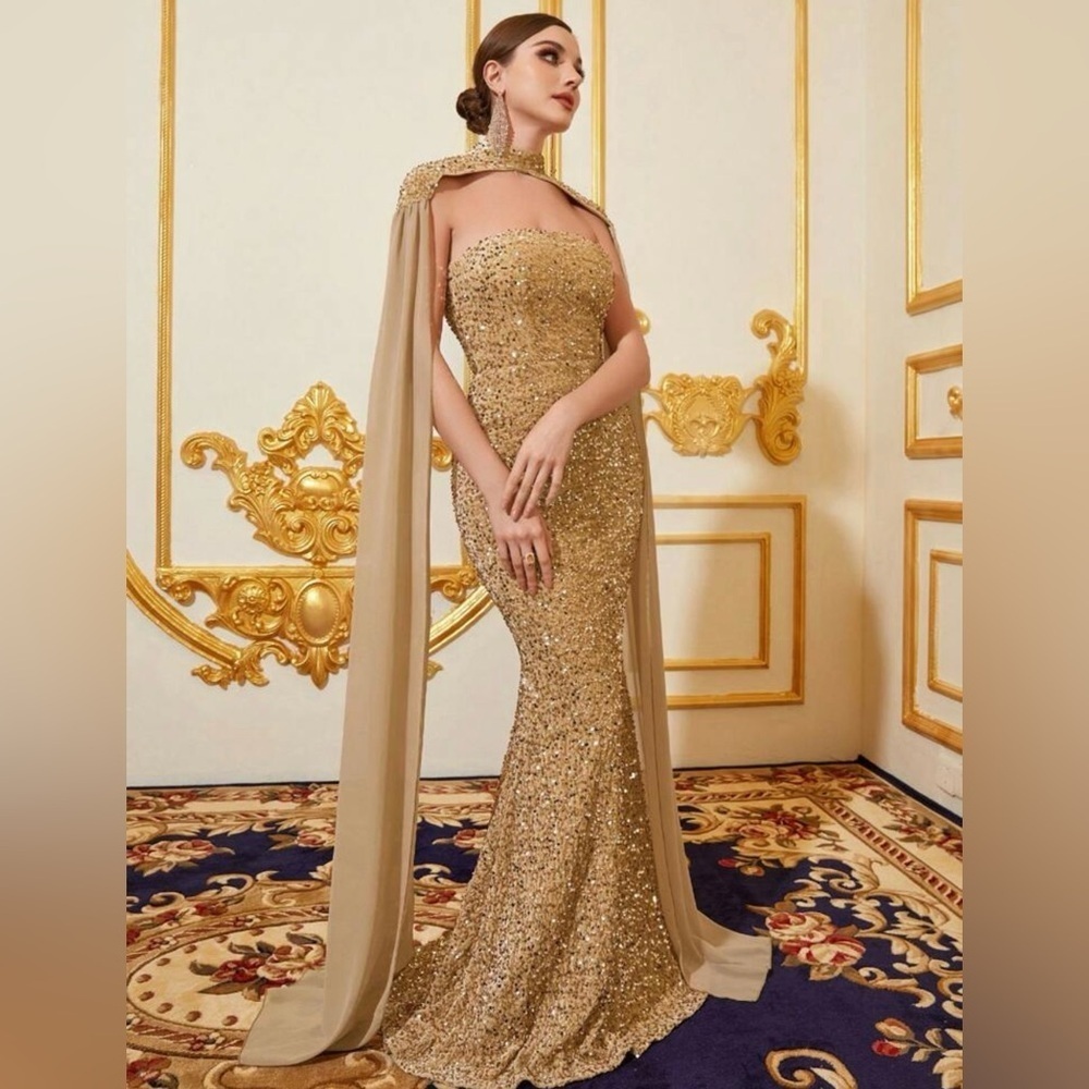 Elegant Long Champagne Draped Sequin Cape & Mermaid Dress Wedding Party Prom